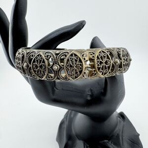 Vintage Filigree Bracelet Ornate Antiqued Brass Tone Statement Stretch Retro